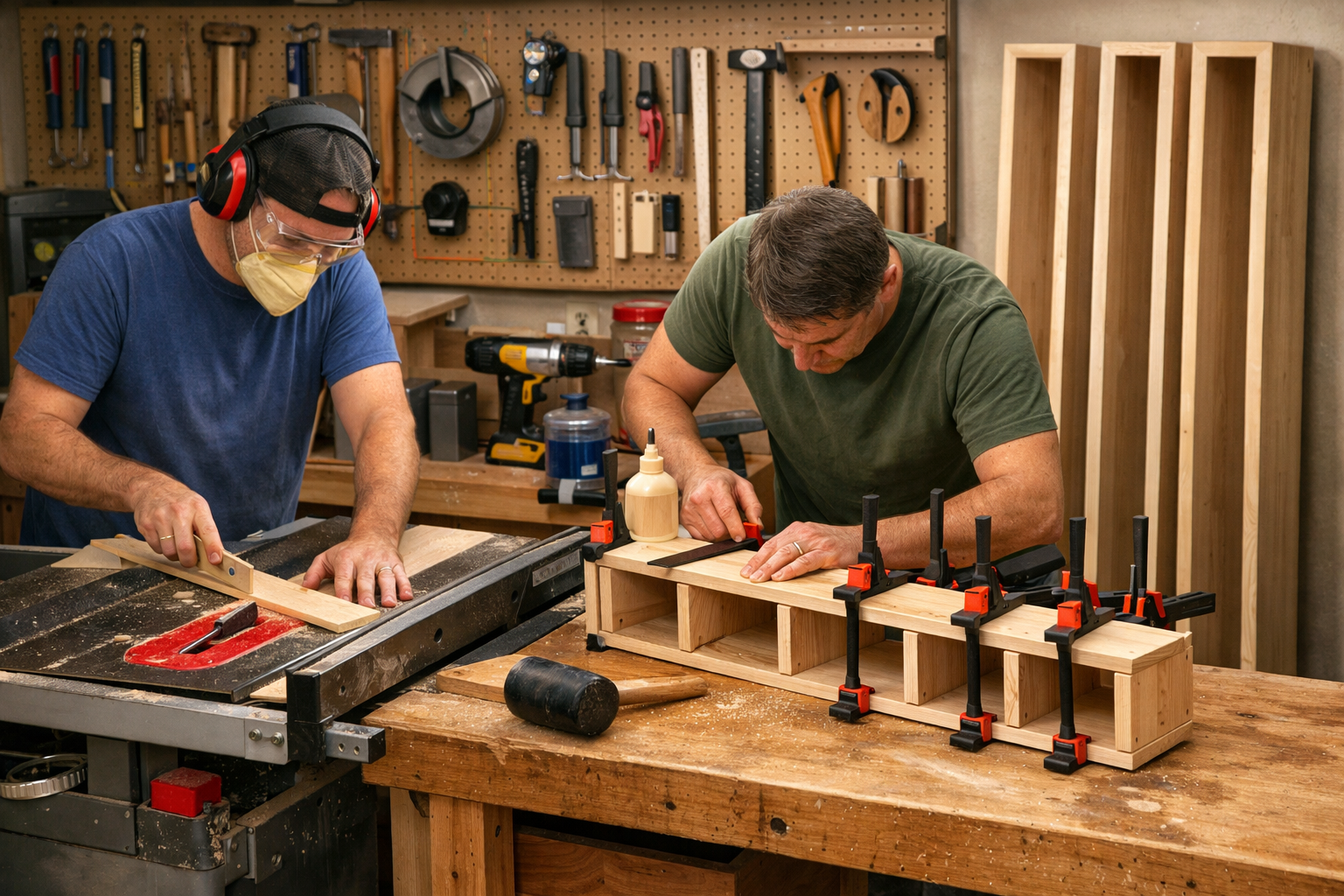 A landscape format (1536x1024) image depicting a small, organized woodworking workshop where an individual is actively fabricating lightweig