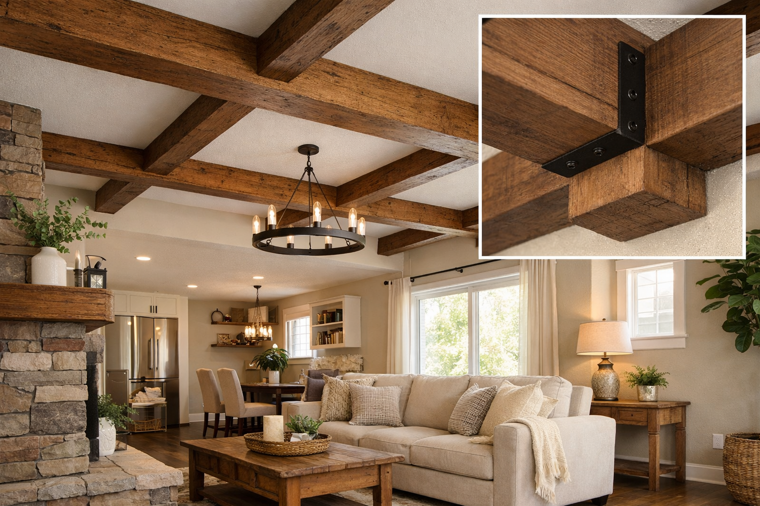 A landscape format (1536x1024) image showcasing the successful installation of DIY box beams and exposed ceiling timbers in a transformed ho