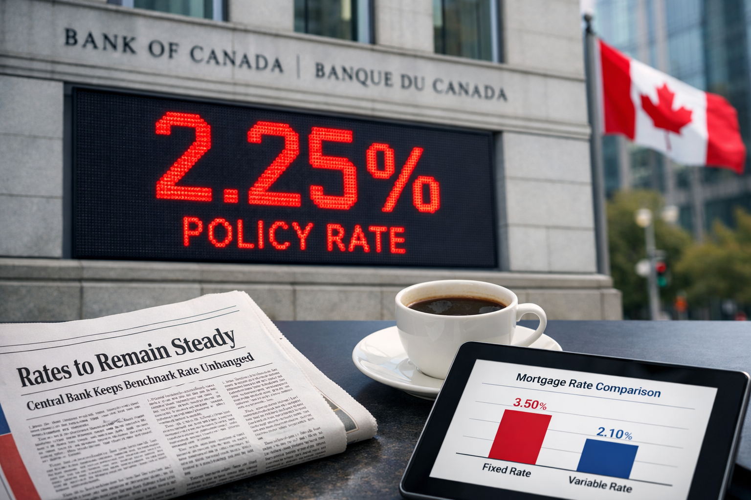 () editorial image showing Bank of Canada building exterior in Ottawa with large digital display board prominently showing