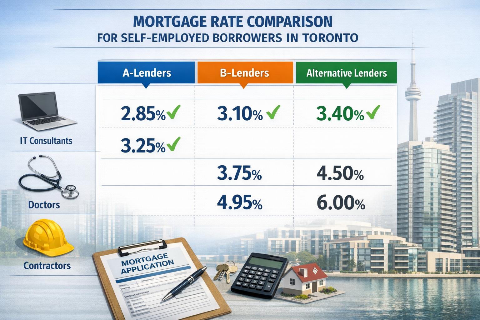 () infographic-style image displaying mortgage rate comparison table for self-employed borrowers in Toronto. Visual shows