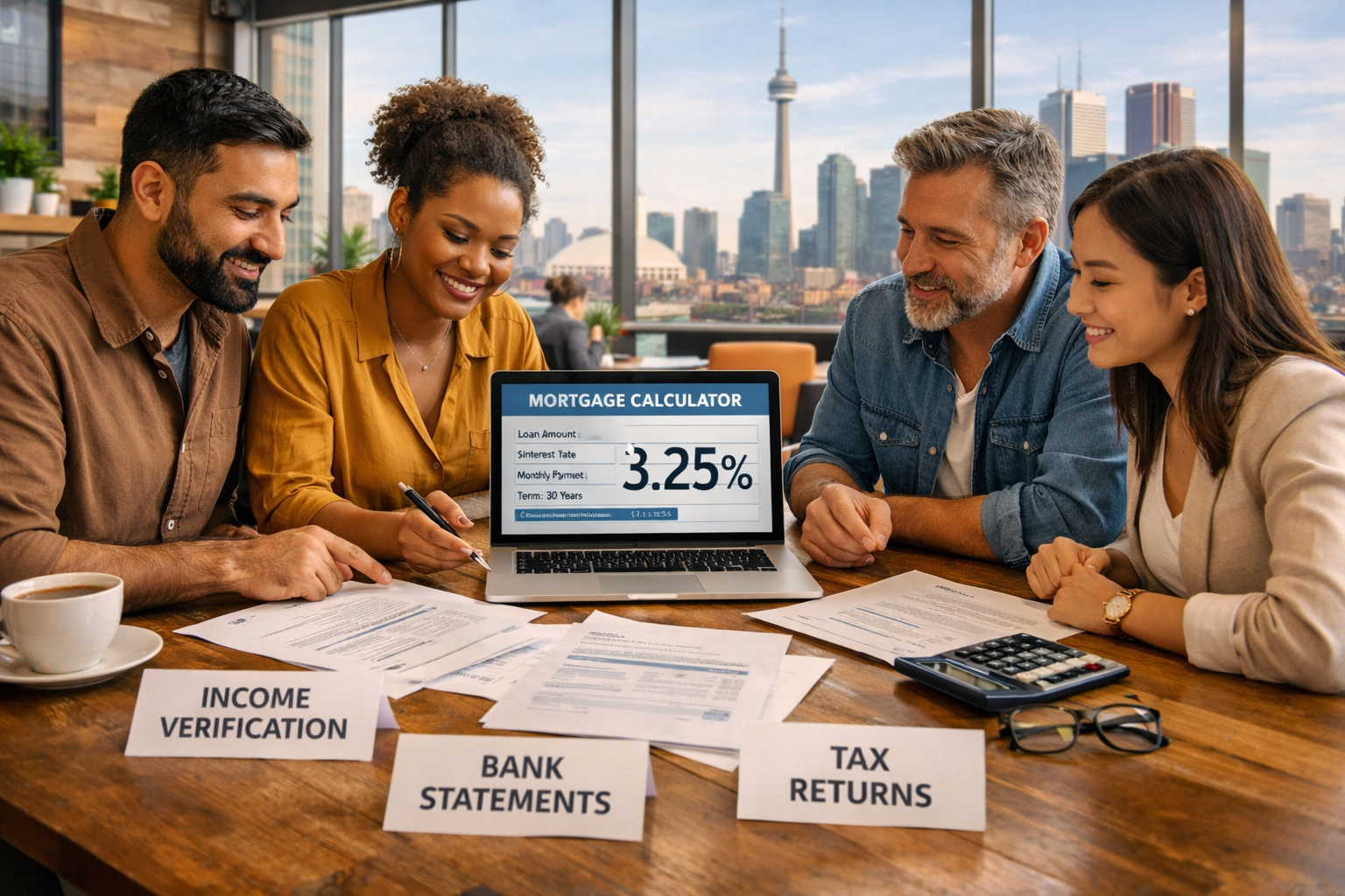() conceptual business image showing diverse self-employed entrepreneurs in modern Toronto co-working space reviewing