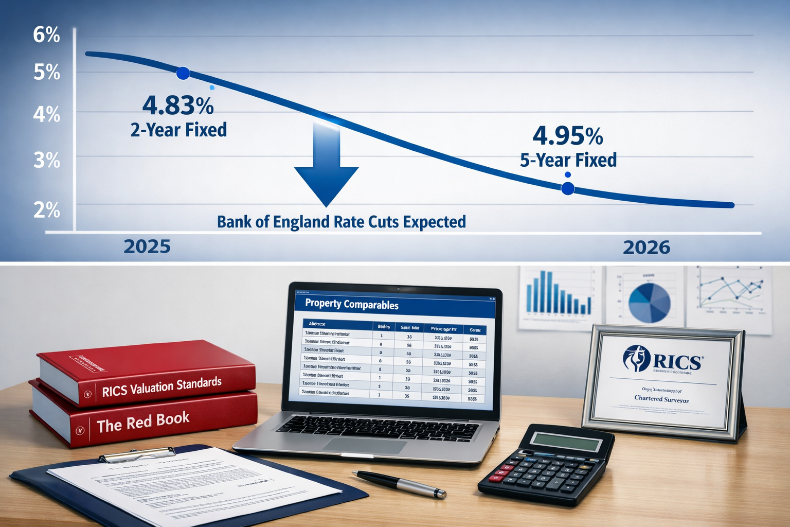 Landscape format (1536x1024) professional composition showing mortgage rate trends and valuation methodology. Split layout: top half display