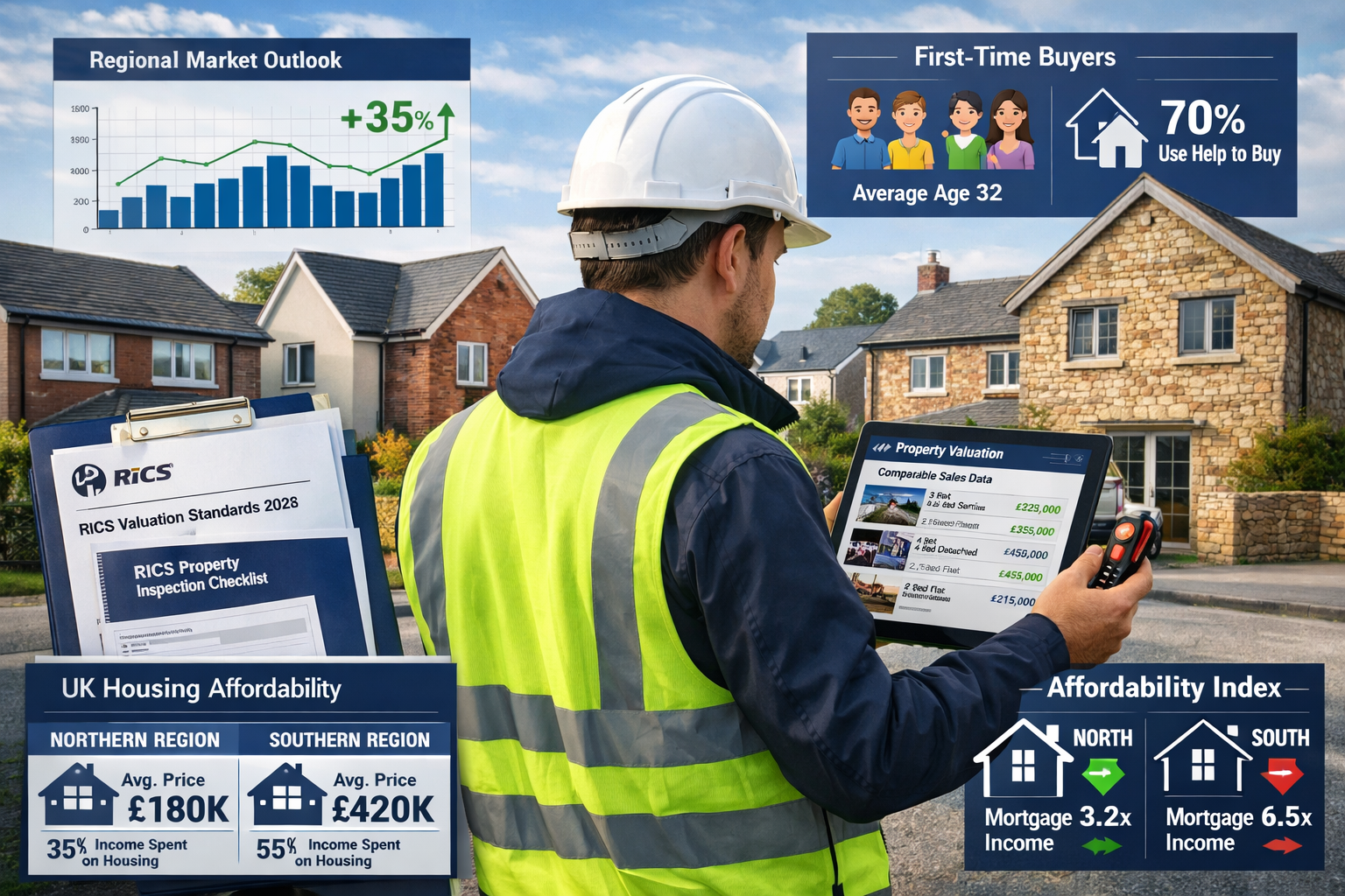 Landscape format (1536x1024) detailed visualization of surveyor professional toolkit for 2026 market recovery. Central focus shows professio