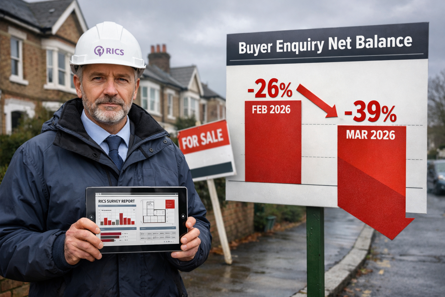 Wide-angle editorial photograph of a professional RICS chartered surveyor standing outside a row of UK residential