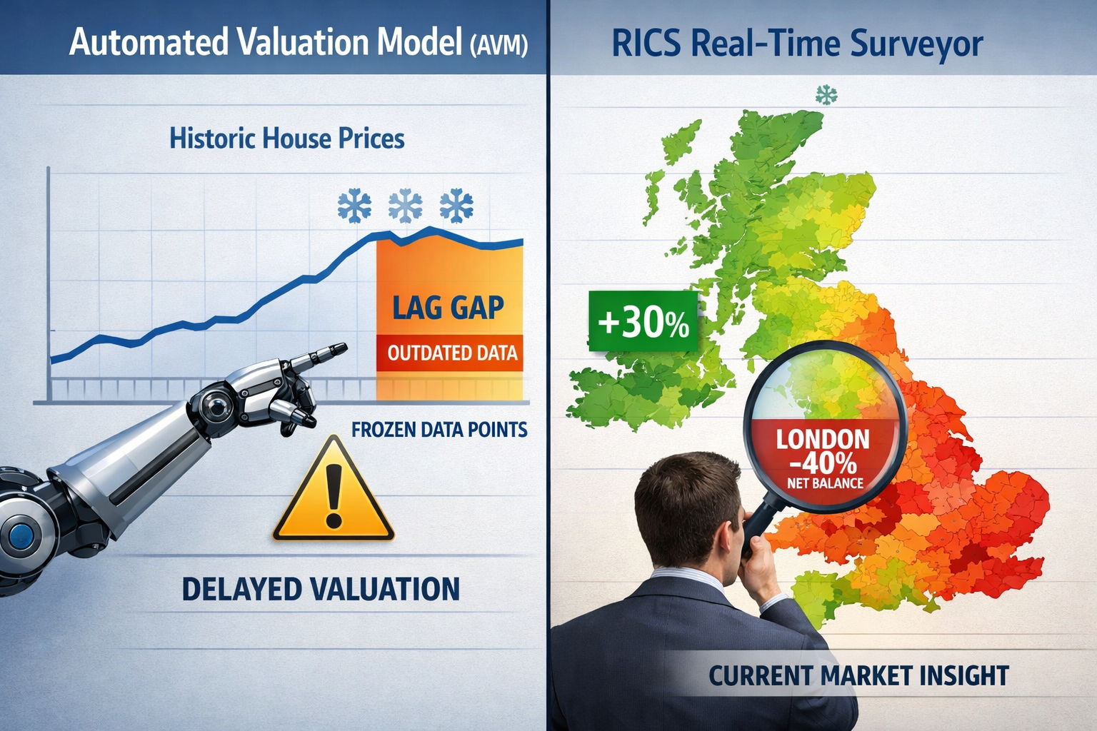 Detailed split-comparison infographic landscape image () showing two contrasting valuation approaches side by side. Left