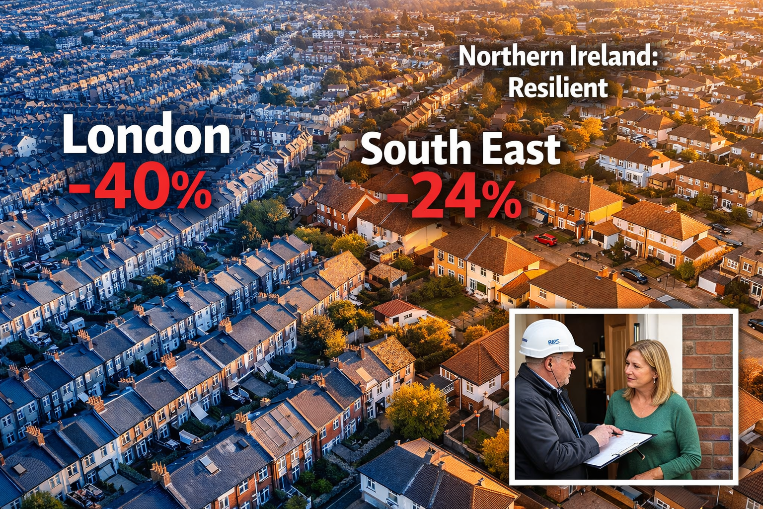 Aerial drone-style editorial photograph of a diverse patchwork of UK regional housing markets viewed from above: dense