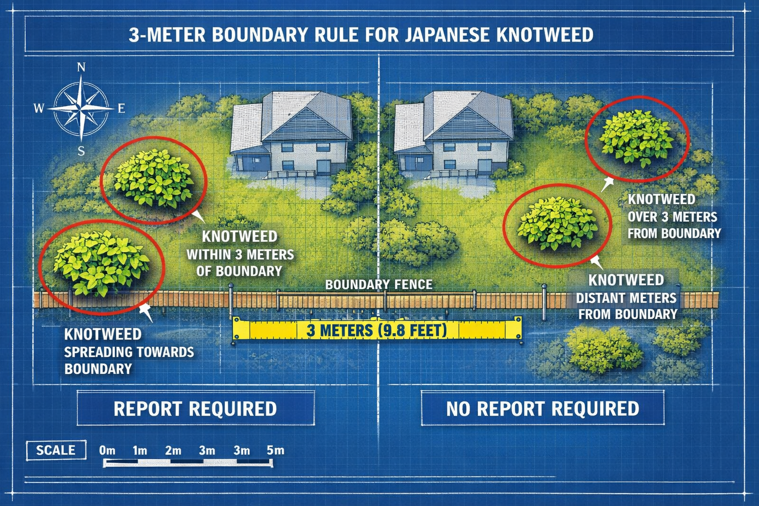 () technical diagram illustrating the 3-meter boundary rule for Japanese knotweed reporting. Aerial view of two residential