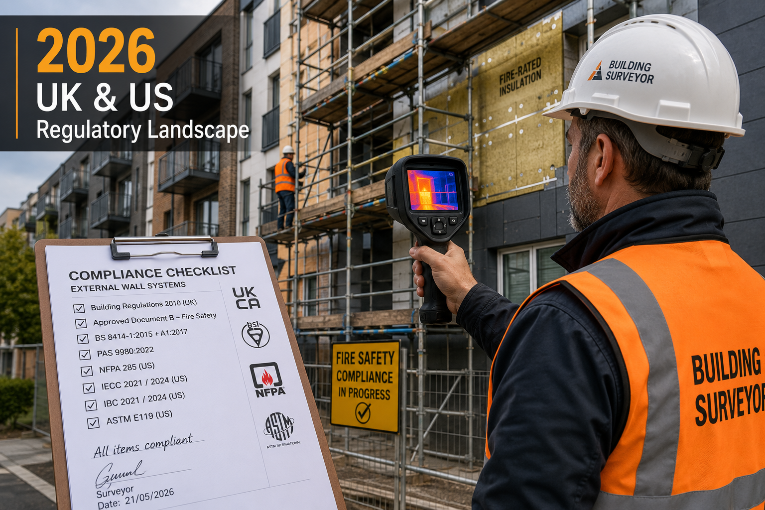Wide-angle editorial photograph of a professional building surveyor examining external wall cladding on a mid-rise apartment