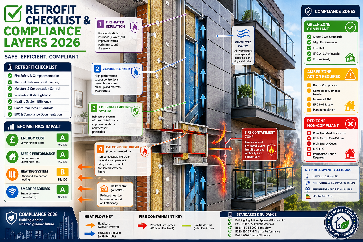 Detailed infographic-style illustration showing a cross-section of a building wall with labeled retrofit layers: fire-rated