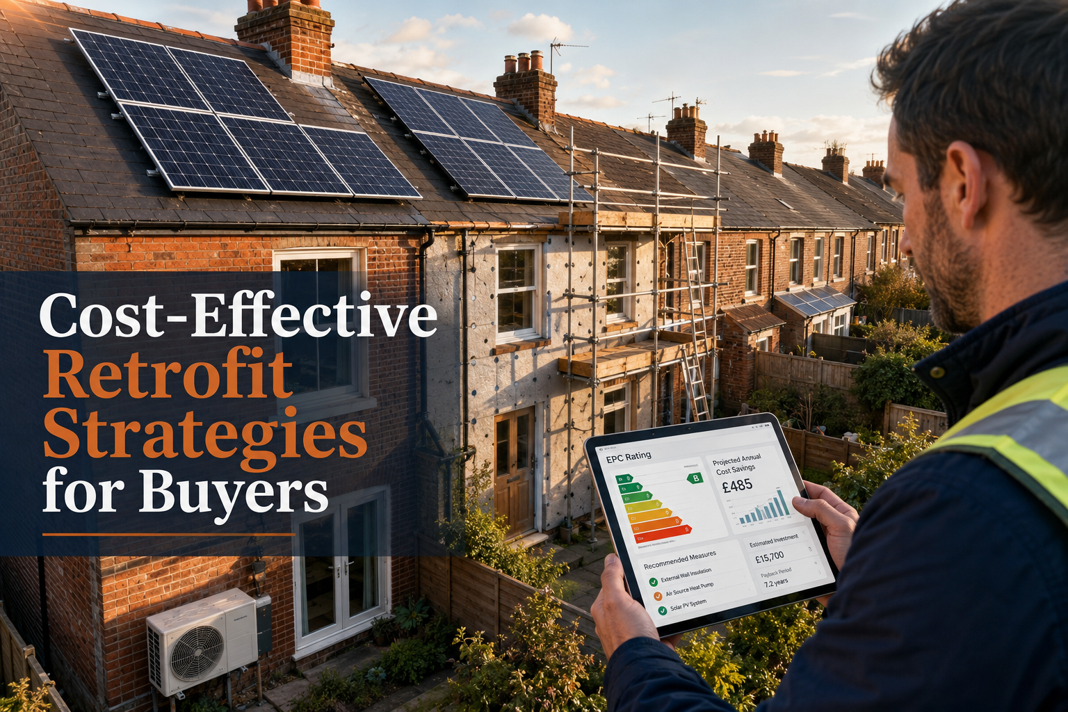 Aerial perspective editorial image of a row of terraced UK houses undergoing energy retrofit works — solar panels being