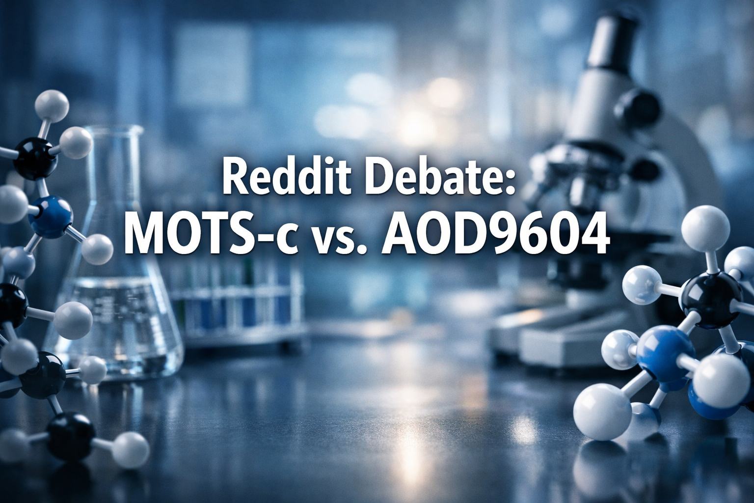 Professional landscape hero image (1536x1024) with bold text overlay: 'Reddit Debate: MOTS-c vs. AOD9604', modern sans-serif 70pt white text