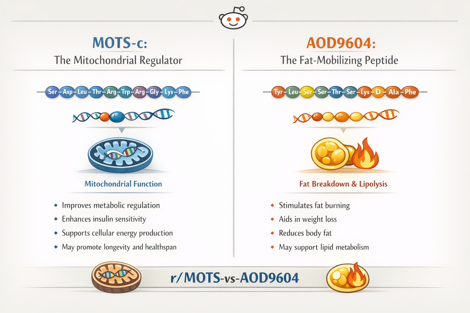 A detailed infographic (1536x1024) comparing MOTS-c and AOD9604, featuring two distinct columns with icons representing their primary mechan