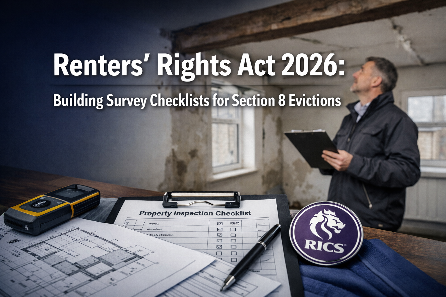 Professional () hero image featuring 'Renters' Rights Act 2026: Building Survey Checklists for Section 8 Evictions' in extra