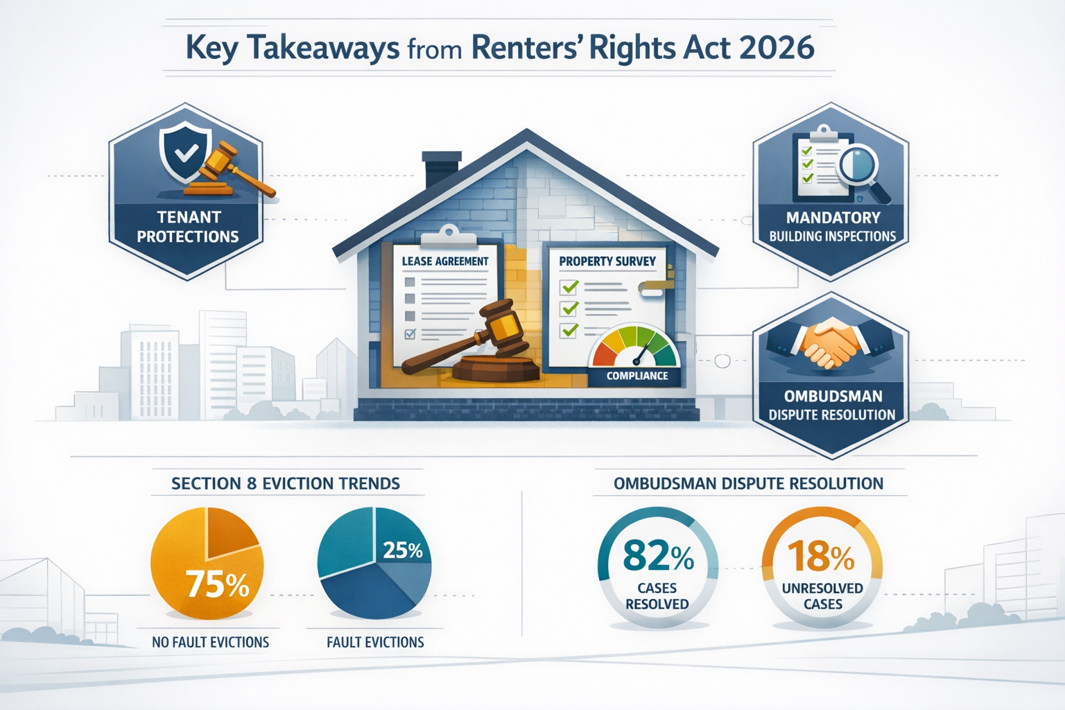 Infographic visualizing Key Takeaways from Renters' Rights Act 2026, featuring a clean, building survey requirements, and