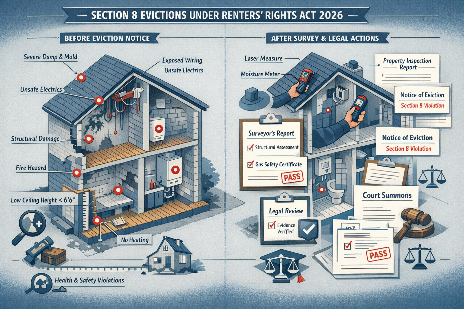 Detailed architectural illustration explaining Section 8 Evictions under Renters' Rights Act 2026, featuring a split-screen