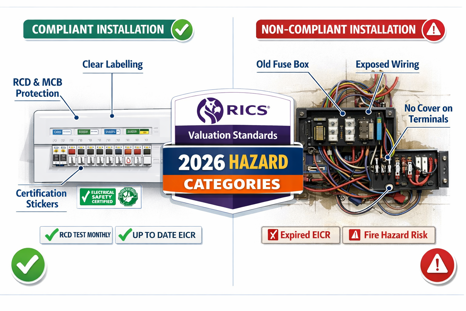 Detailed () image showing side-by-side comparison of compliant versus non-compliant electrical installations in rental