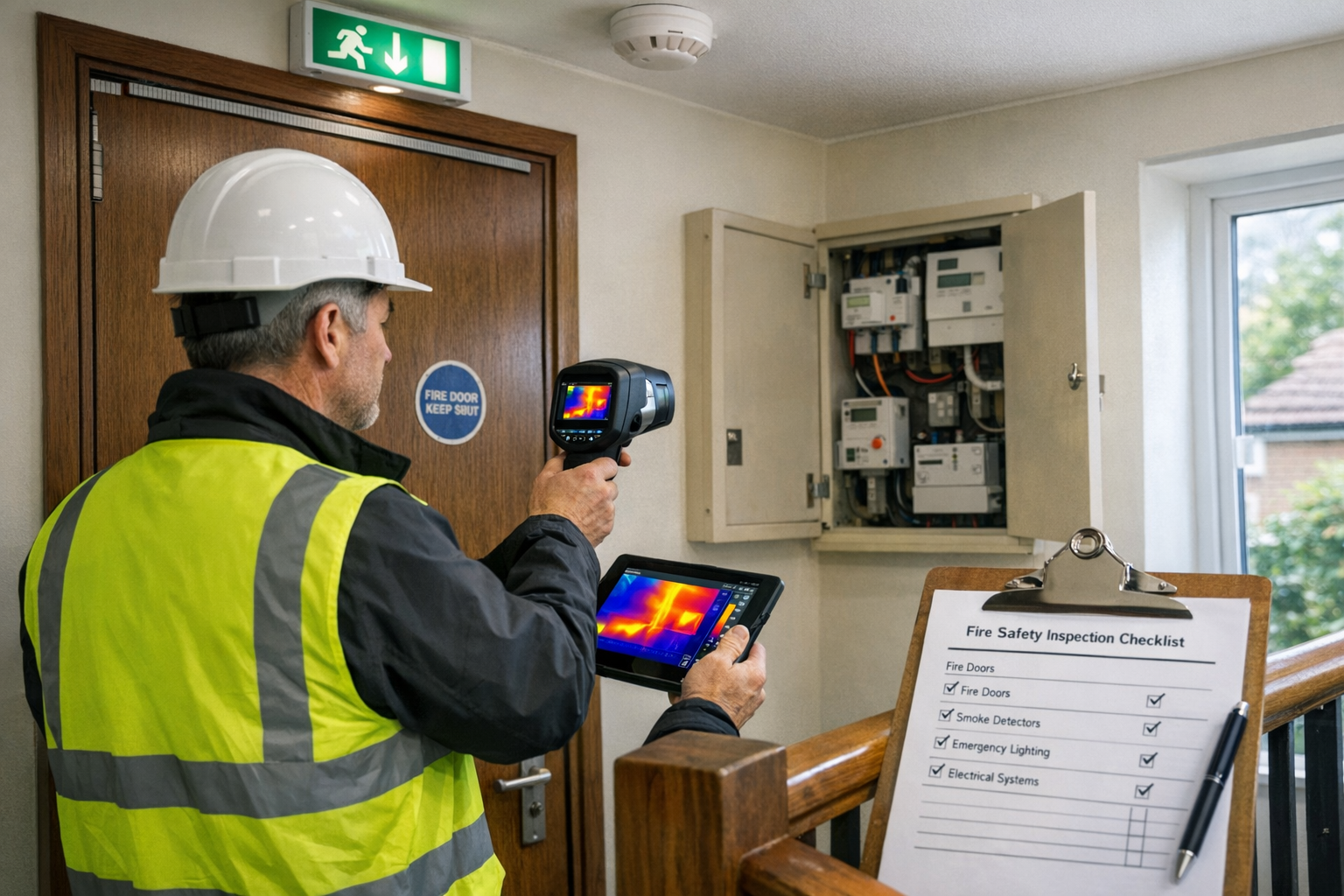 Wide-angle () photograph of professional surveyor in high-visibility vest conducting fire safety inspection in residential