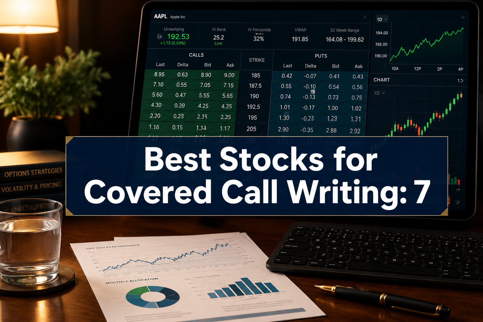 Professional () hero image with 'Best Stocks for Covered Call Writing: 7' in crisp white on a deep navy semi-transparent
