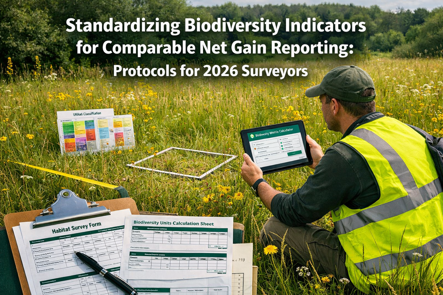 Professional landscape format (1536x1024) hero image featuring bold text overlay 'Standardizing Biodiversity Indicators for Comparable Net G