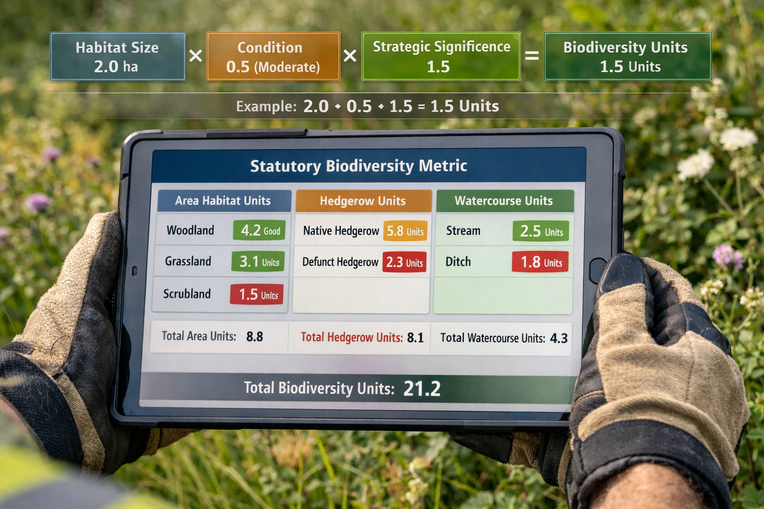 Detailed landscape format (1536x1024) editorial image showing close-up of Statutory Biodiversity Metric calculation interface on professiona