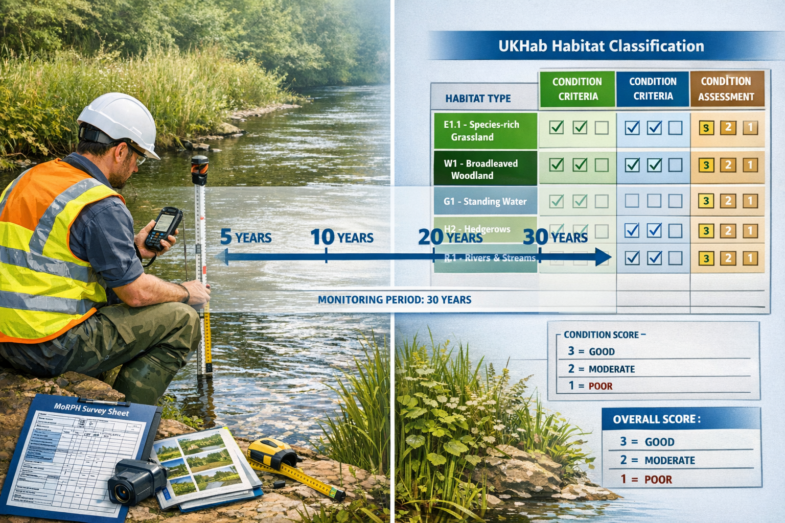 Detailed landscape format (1536x1024) professional split-screen composition showing standardized habitat condition assessment methodology. L