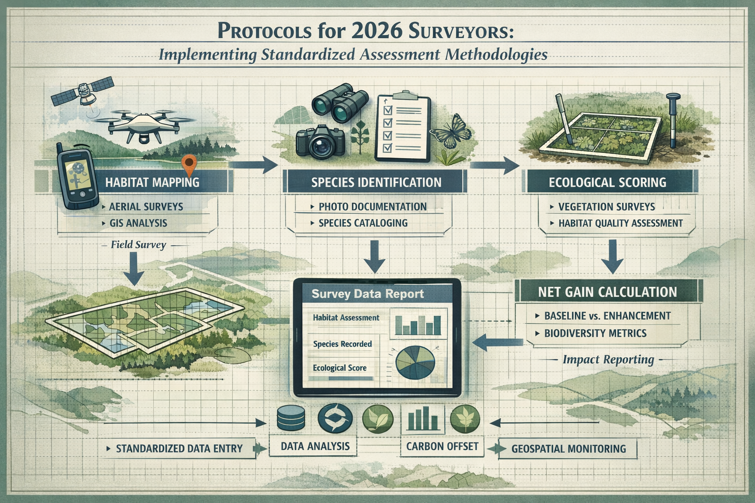 A detailed editorial-style infographic visualizing 'Protocols for 2026 Surveyors: Implementing Standardized Assessment Methodologies' with s
