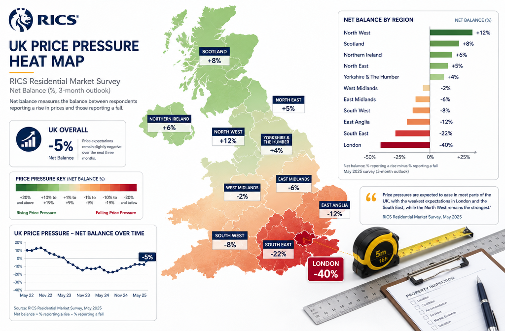 Wide-angle editorial infographic style image () showing a UK regional heat map with color-coded price pressure indicators —