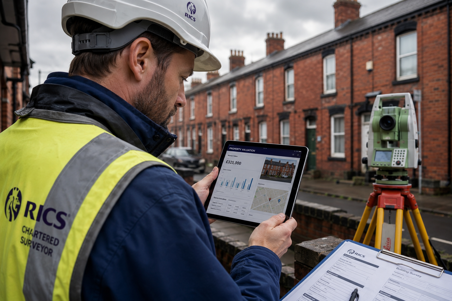 Close-up editorial photograph () of a professional RICS-chartered surveyor in hard hat and hi-vis vest reviewing a digital