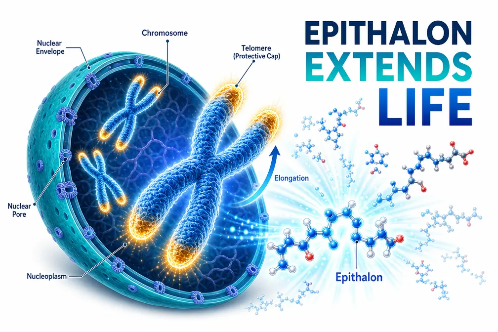 Bright editorial infographic-style landscape (): isometric illustration of a human cell nucleus with glowing telomere caps