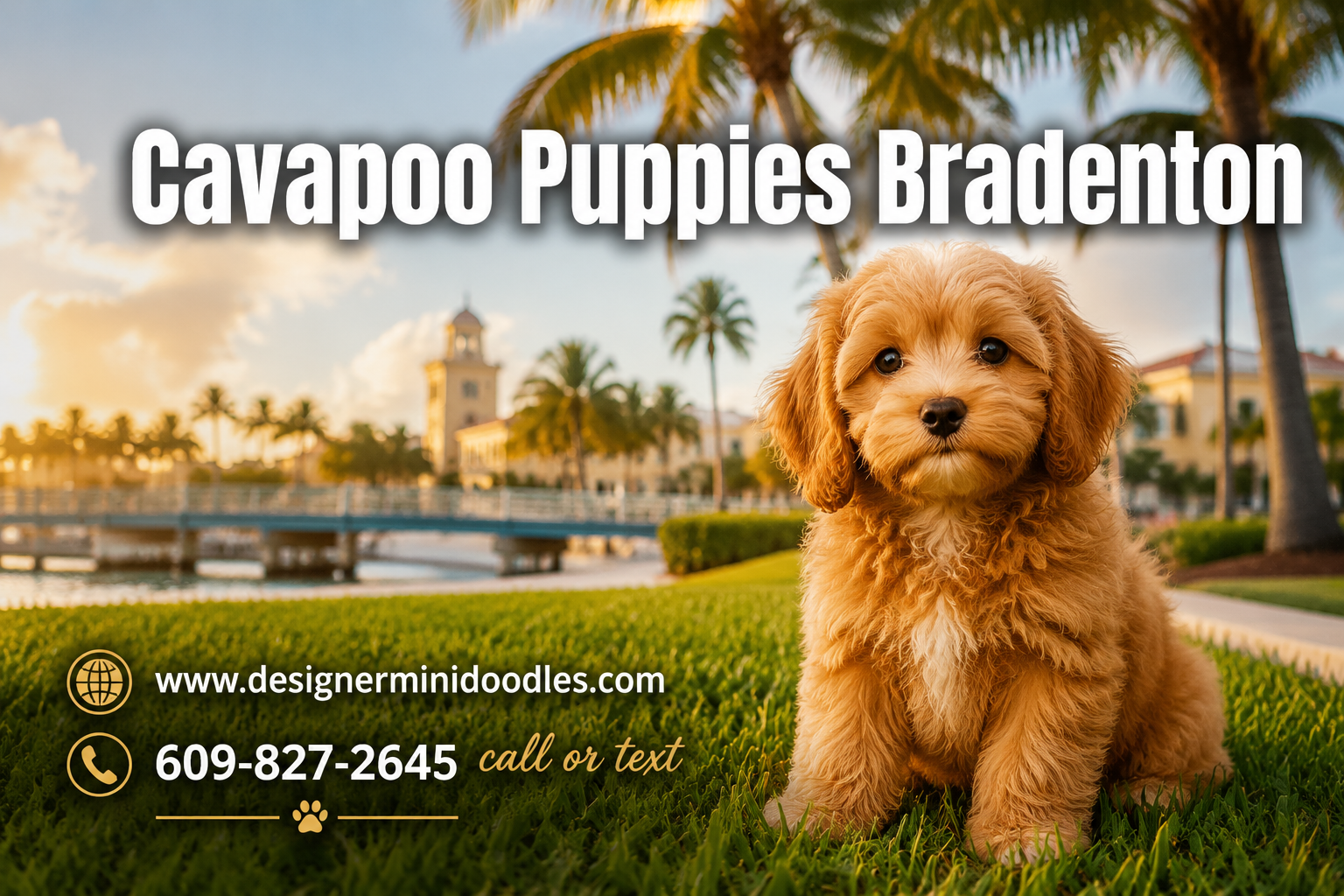 Professional () hero image featuring 'Cavapoo Puppies Bradenton' in extra large white with dark effect, centered in upper