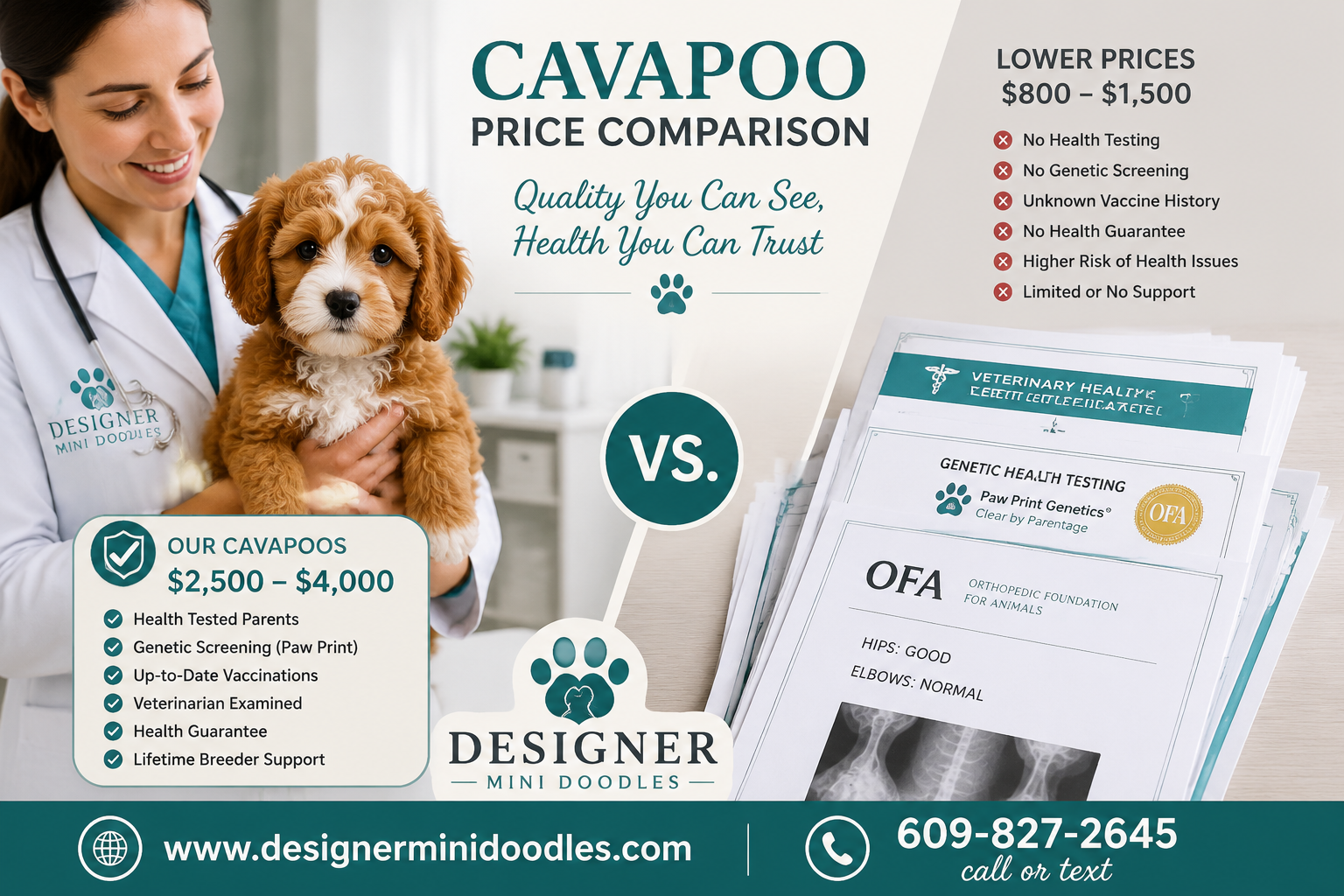 Detailed () image showing a Cavapoo price comparison infographic style scene with a split composition: left side shows a