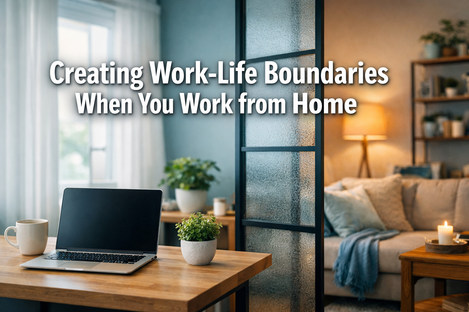 Professional landscape format (1536x1024) hero image featuring bold text overlay 'Creating Work-Life Boundaries When You Work from Home' in 