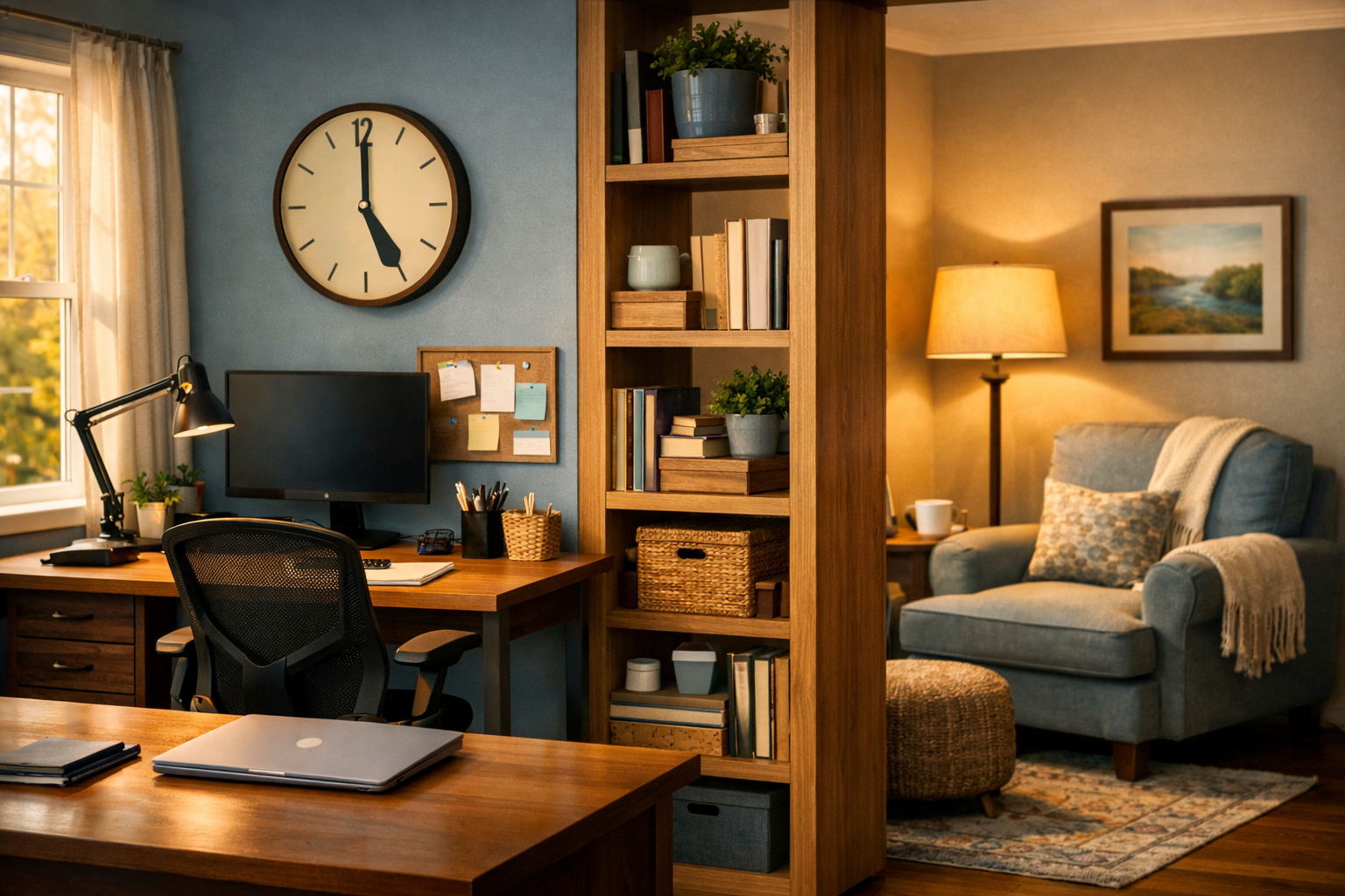Landscape format (1536x1024) editorial image showing a detailed home office space with clear physical boundaries including a dedicated desk