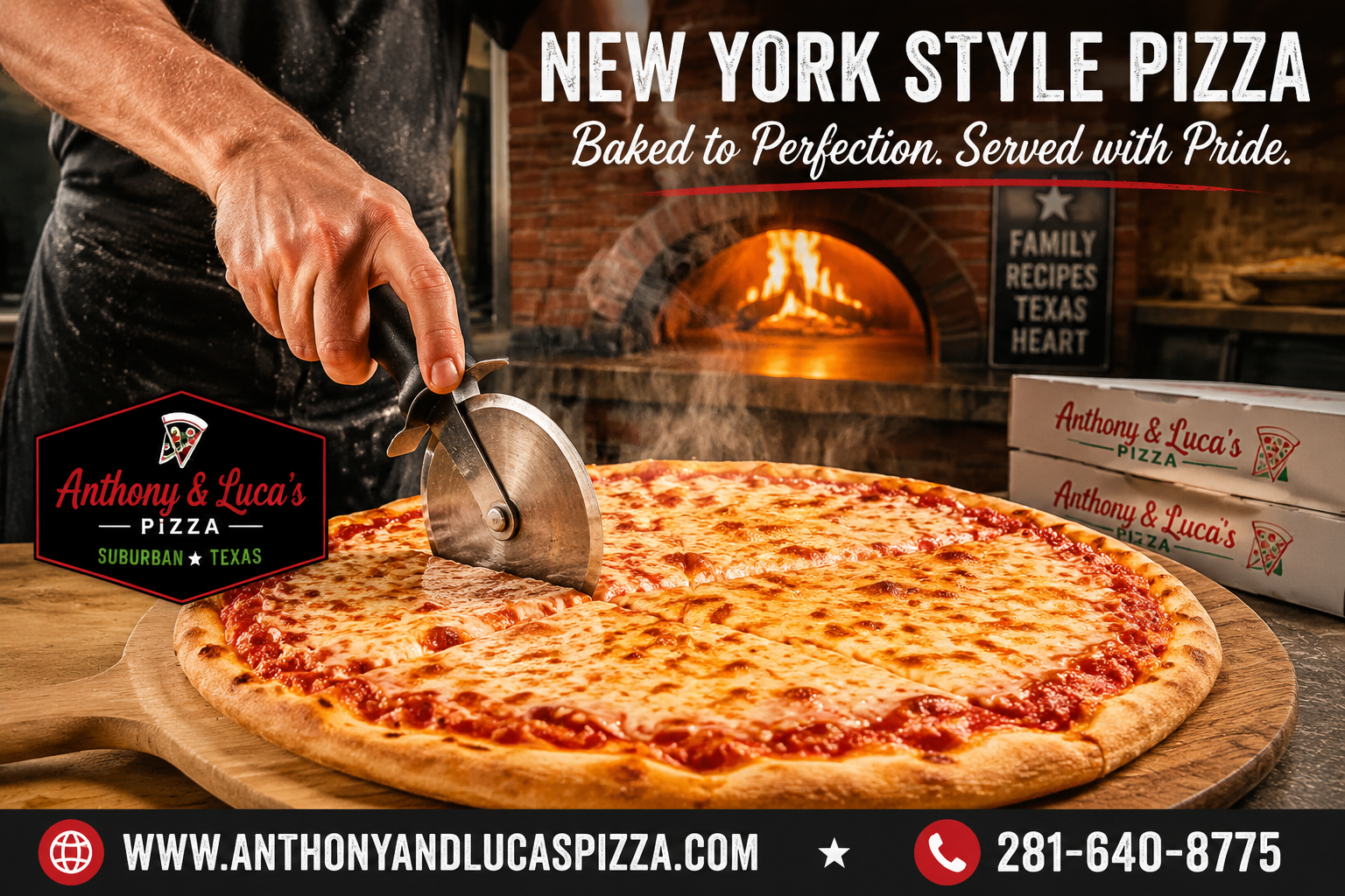 Detailed () image of a freshly baked New York style pizza with perfectly golden crust on a wooden paddle, being sliced in a