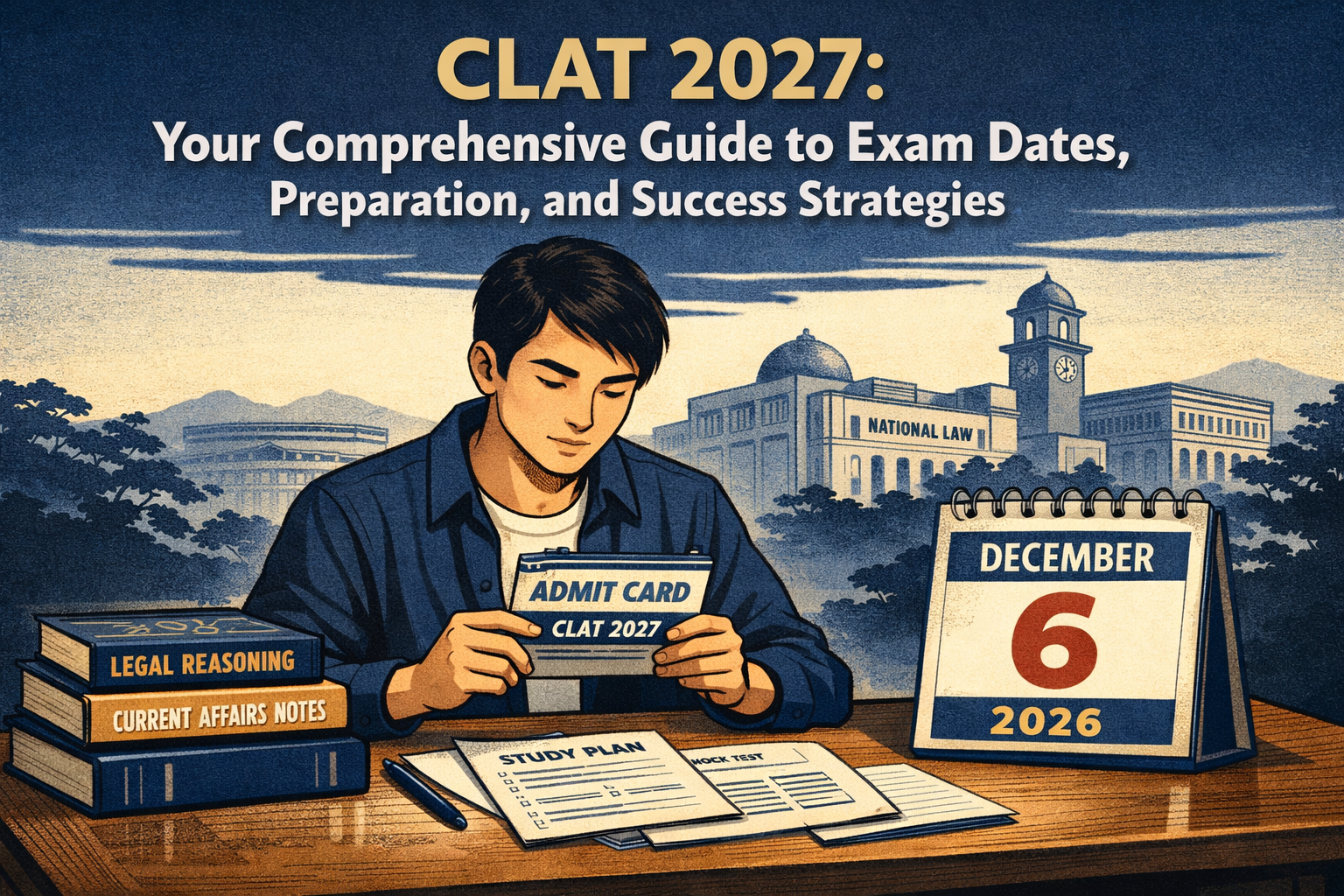 Professional editorial hero image for an education article about CLAT 2027, featuring a serious law aspirant seated at a