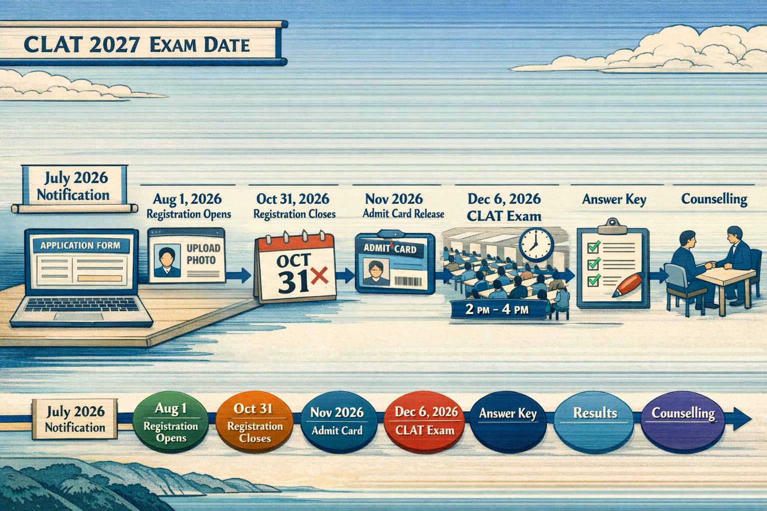 Editorial infographic scene focused on clat exam date 2027 and registration timeline. Show a horizontal preparation roadmap
