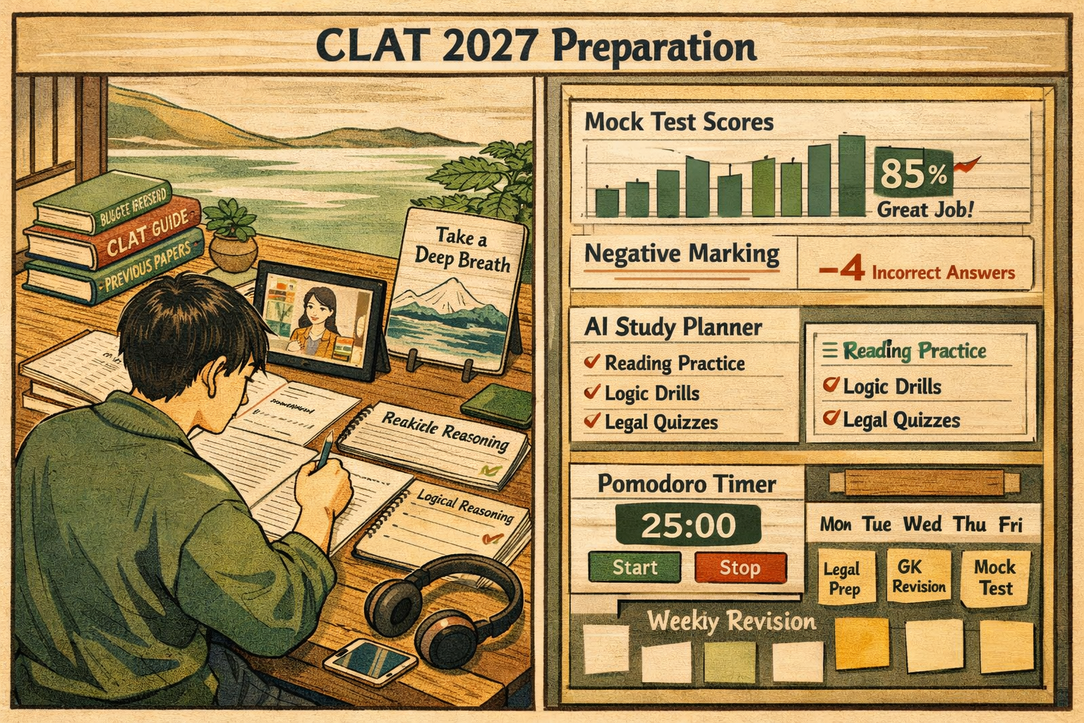 Editorial study strategy illustration for CLAT 2027 preparation. Show a split-panel composition: left side student solving