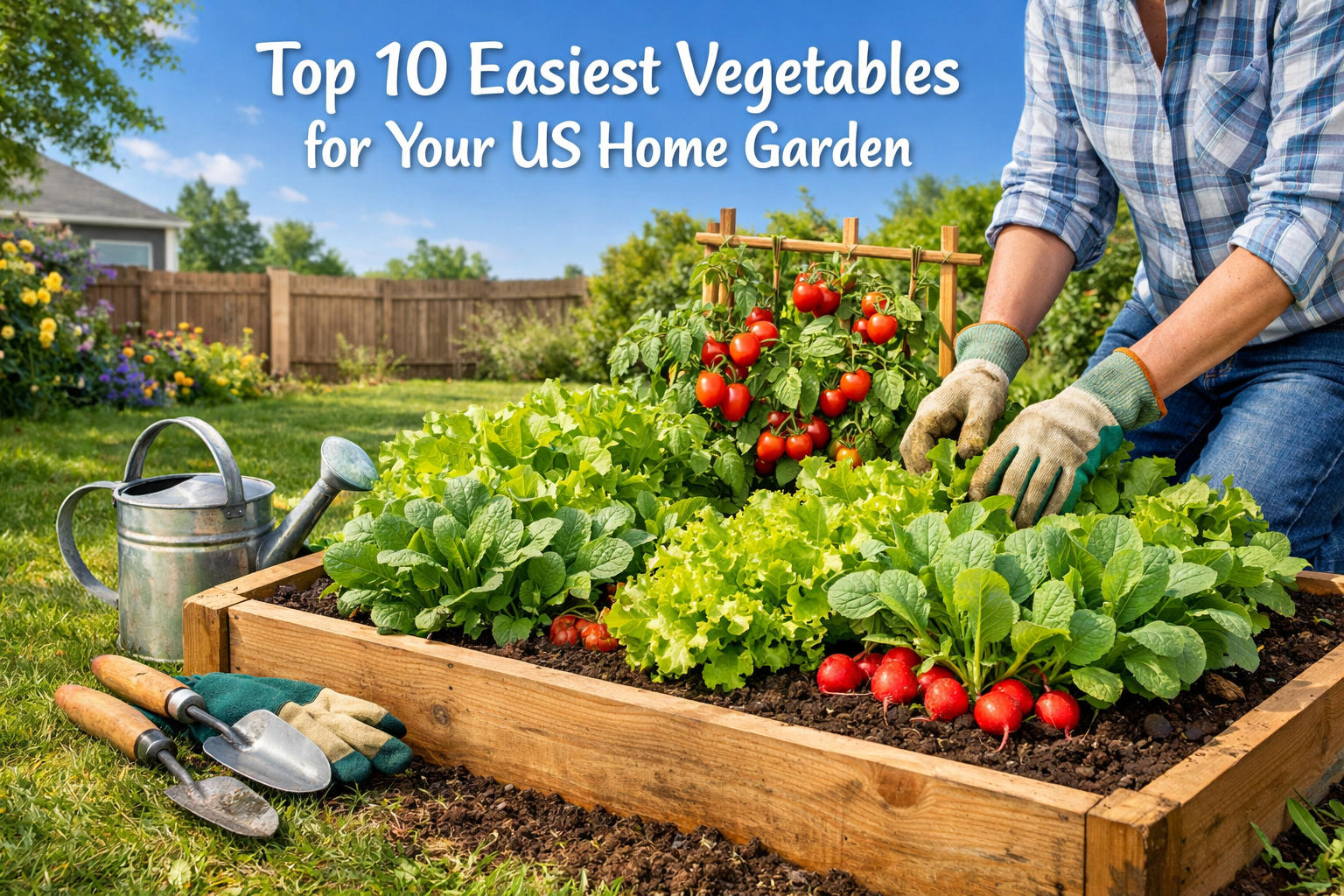 Detailed () image illustrating a vibrant, thriving raised garden bed in a suburban backyard in the USA, filled with various