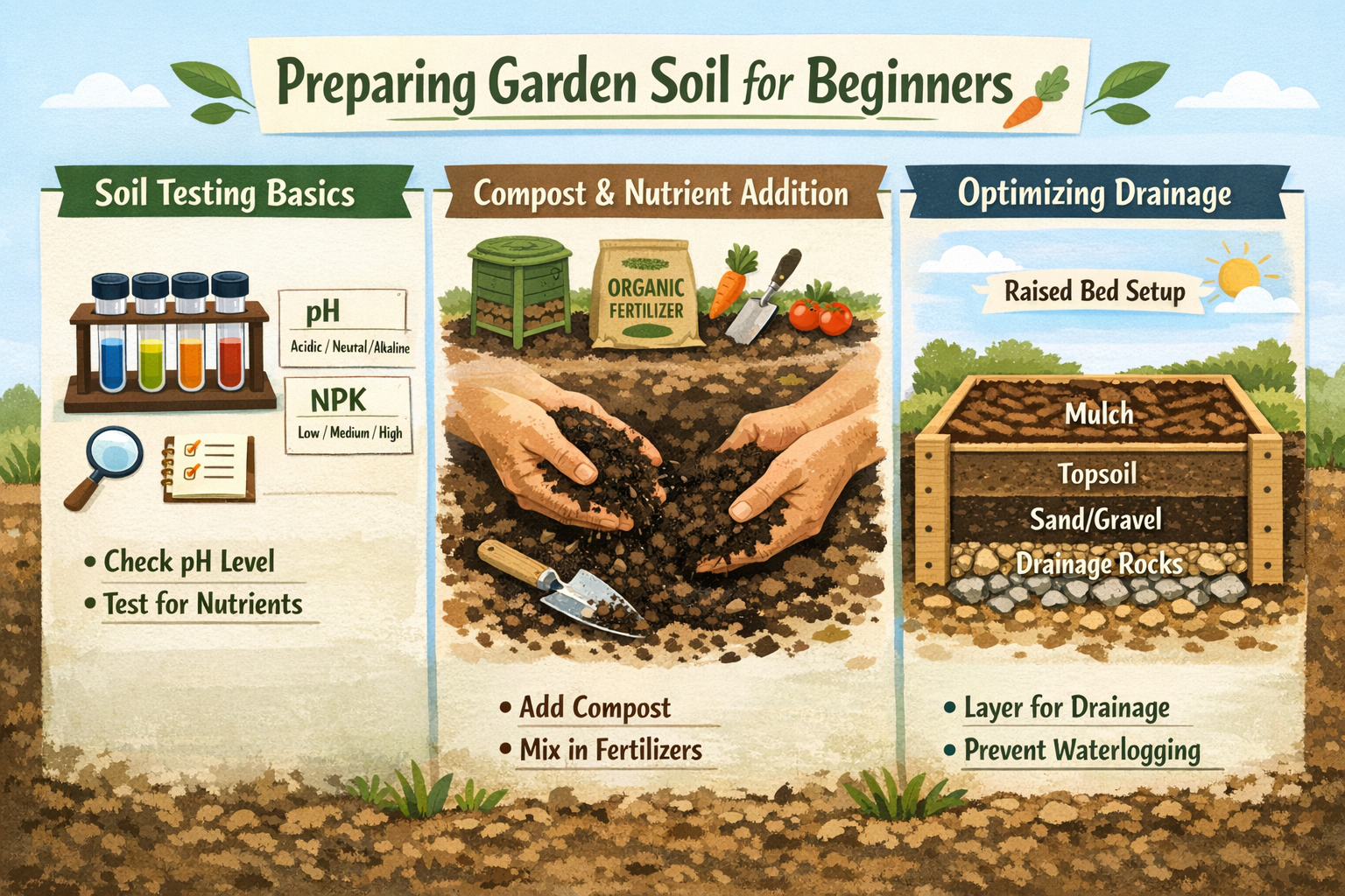 Detailed () image presenting a clear, step-by-step infographic on preparing garden soil for beginner vegetable growers in