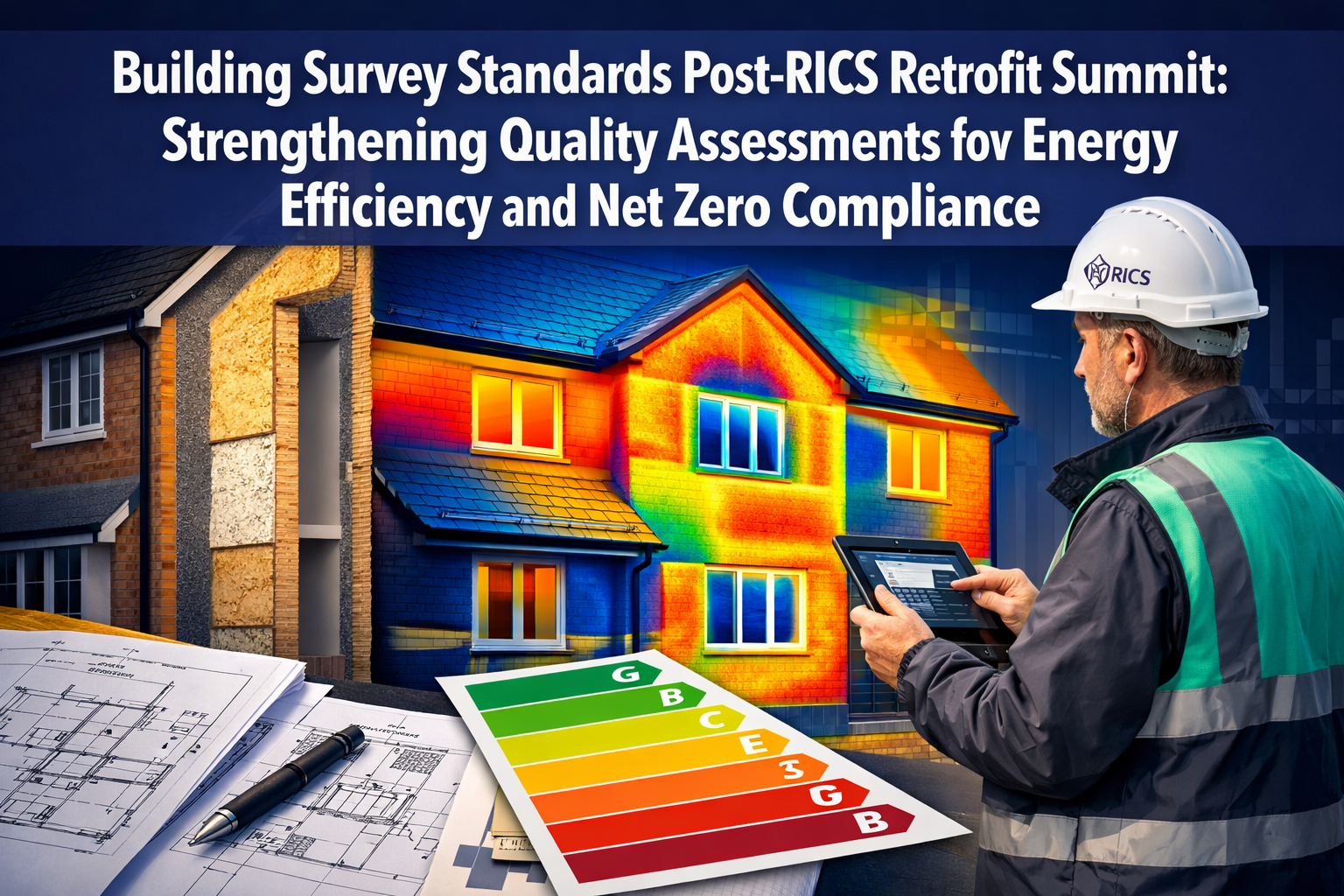 Professional landscape format (1536x1024) hero image featuring bold text overlay 'Building Survey Standards Post-RICS Retrofit Summit: Stren