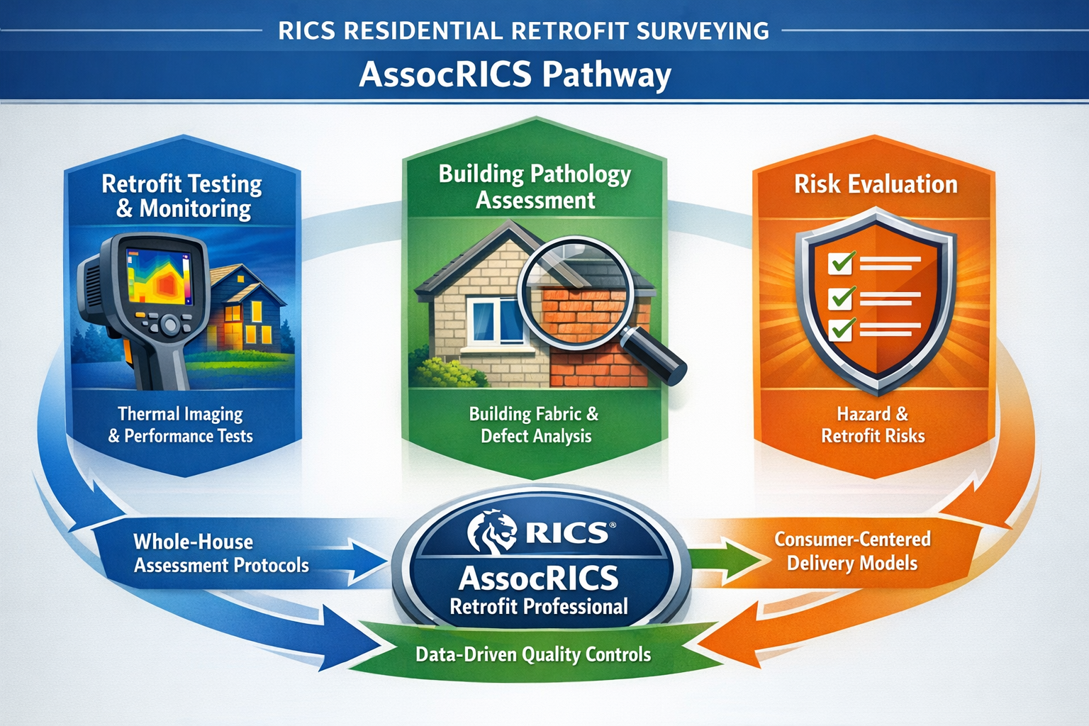 Landscape format (1536x1024) detailed infographic showing the RICS Residential Retrofit Surveying AssocRICS pathway framework with three int
