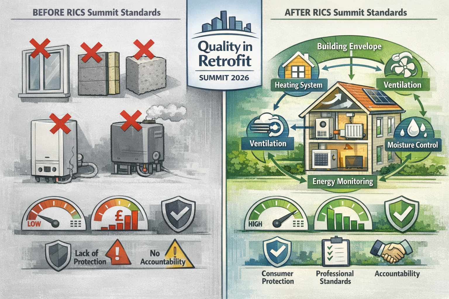 Landscape format (1536x1024) comparison visualization showing 'Before and After RICS Summit Standards' split-screen layout. Left side depict