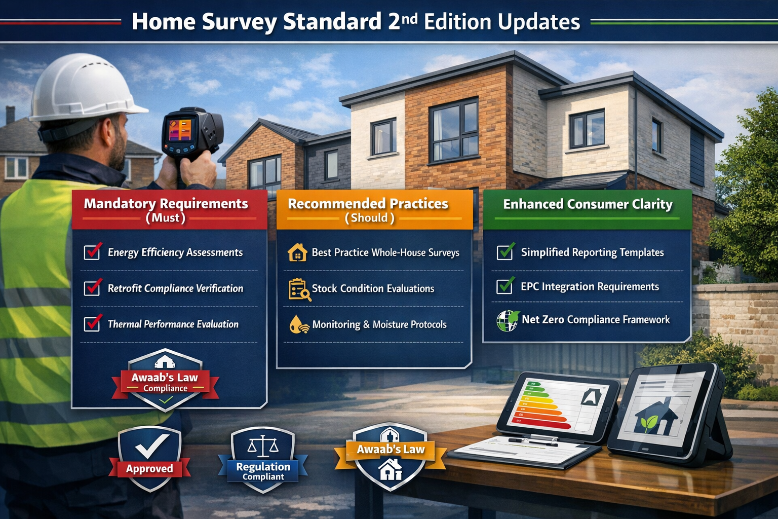Landscape format (1536x1024) detailed dashboard visualization displaying Home Survey Standard 2nd Edition updates with three-column layout. 