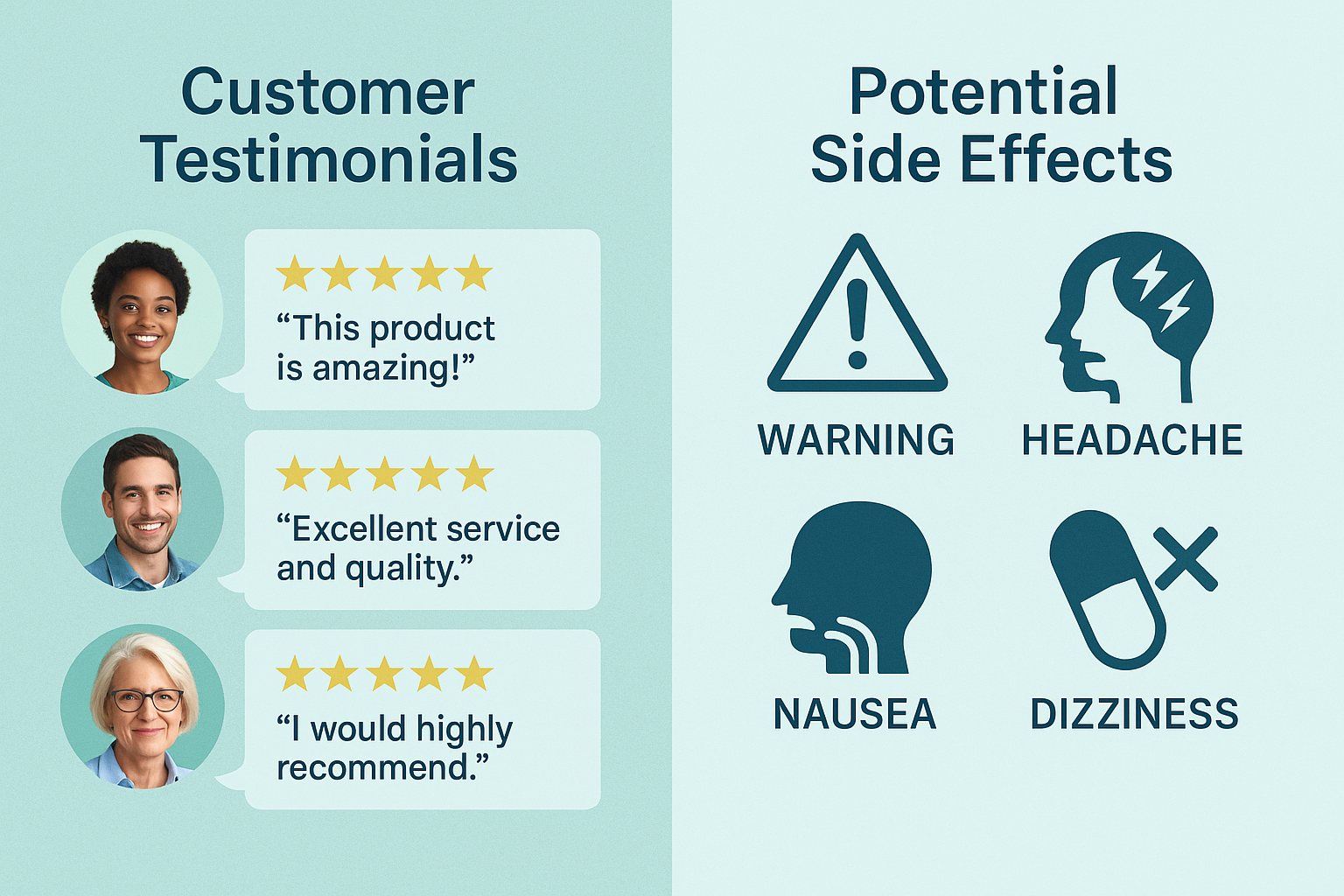 Split-screen comparison image showing positive customer testimonials on left side with 5-star ratings, user profile photos, quote bubbles, v