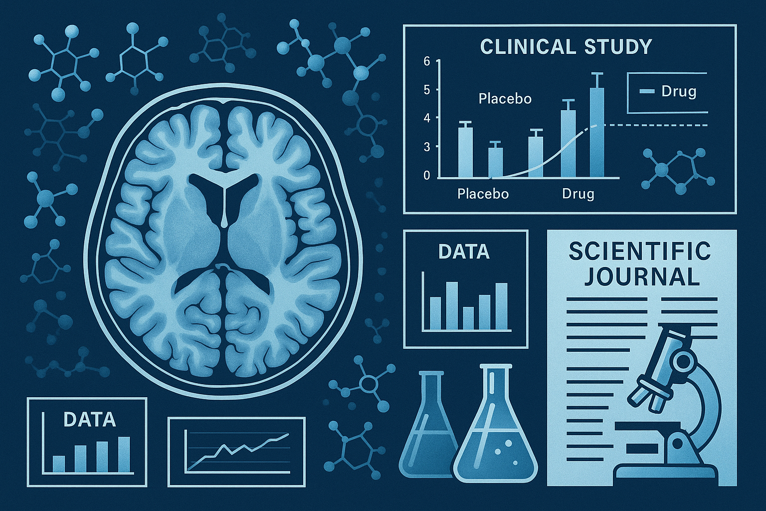 Scientific research visualization featuring brain scan imagery, clinical study data charts, peer-reviewed publication graphics, laboratory t