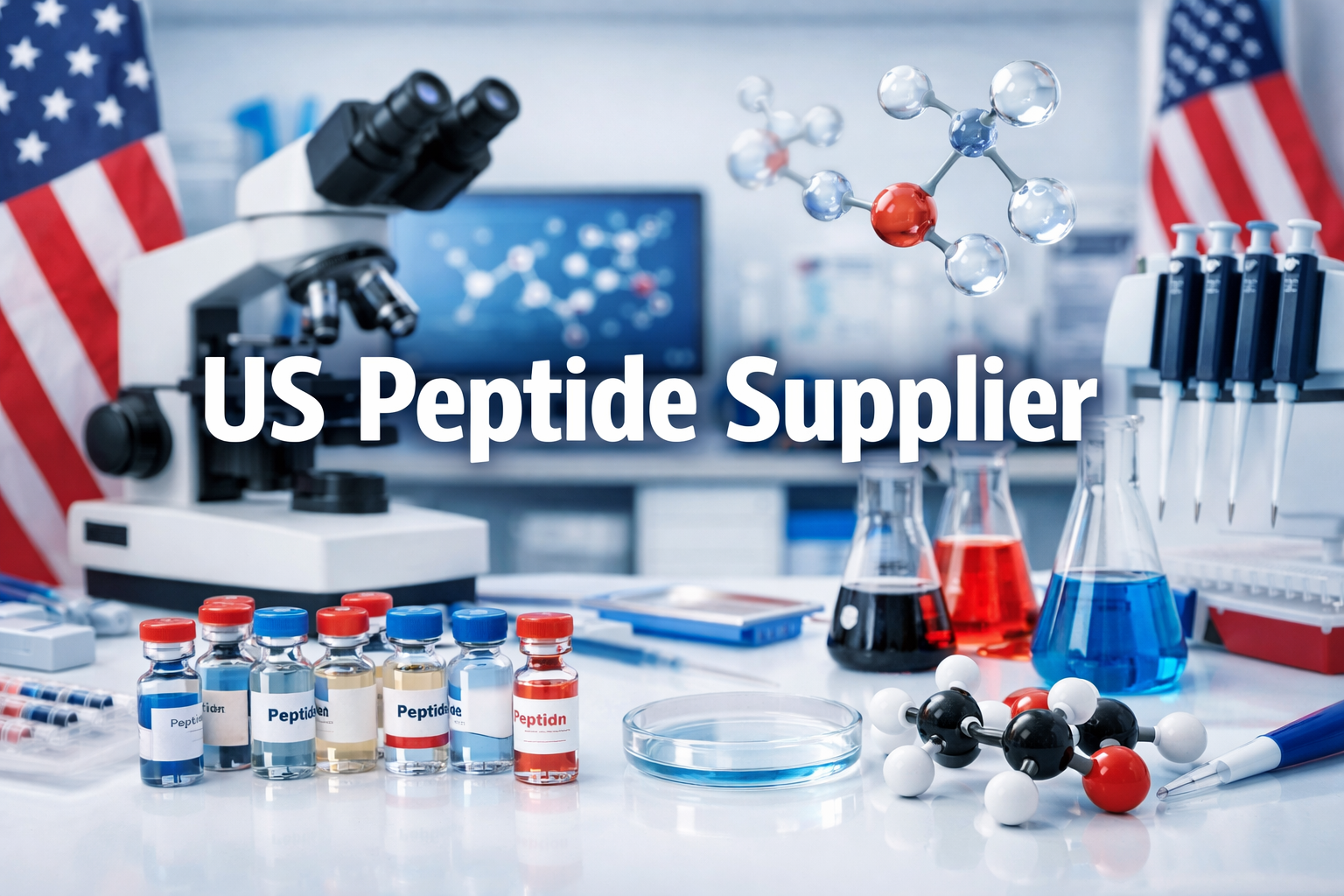 Professional landscape laboratory image (1536x1024) featuring bold text overlay 'US Peptide Supplier' in 72pt white sans-serif font with dar