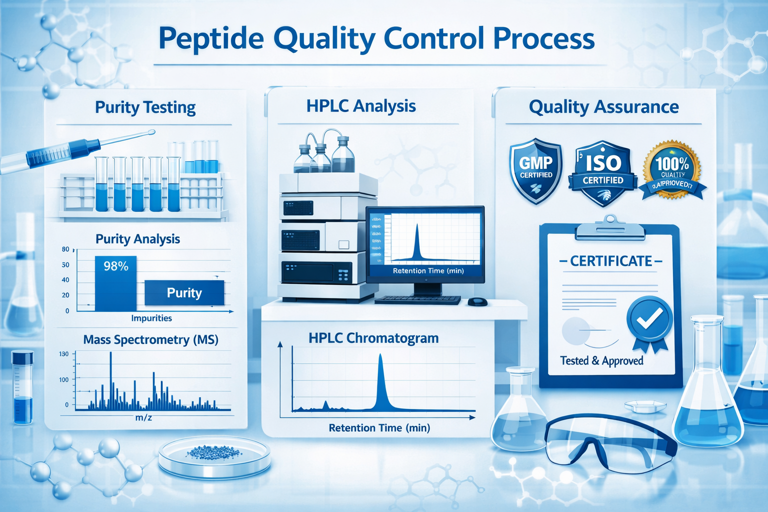 Scientific infographic showing peptide quality control process with testing equipment, purity charts, HPLC analysis graphs, and certificatio