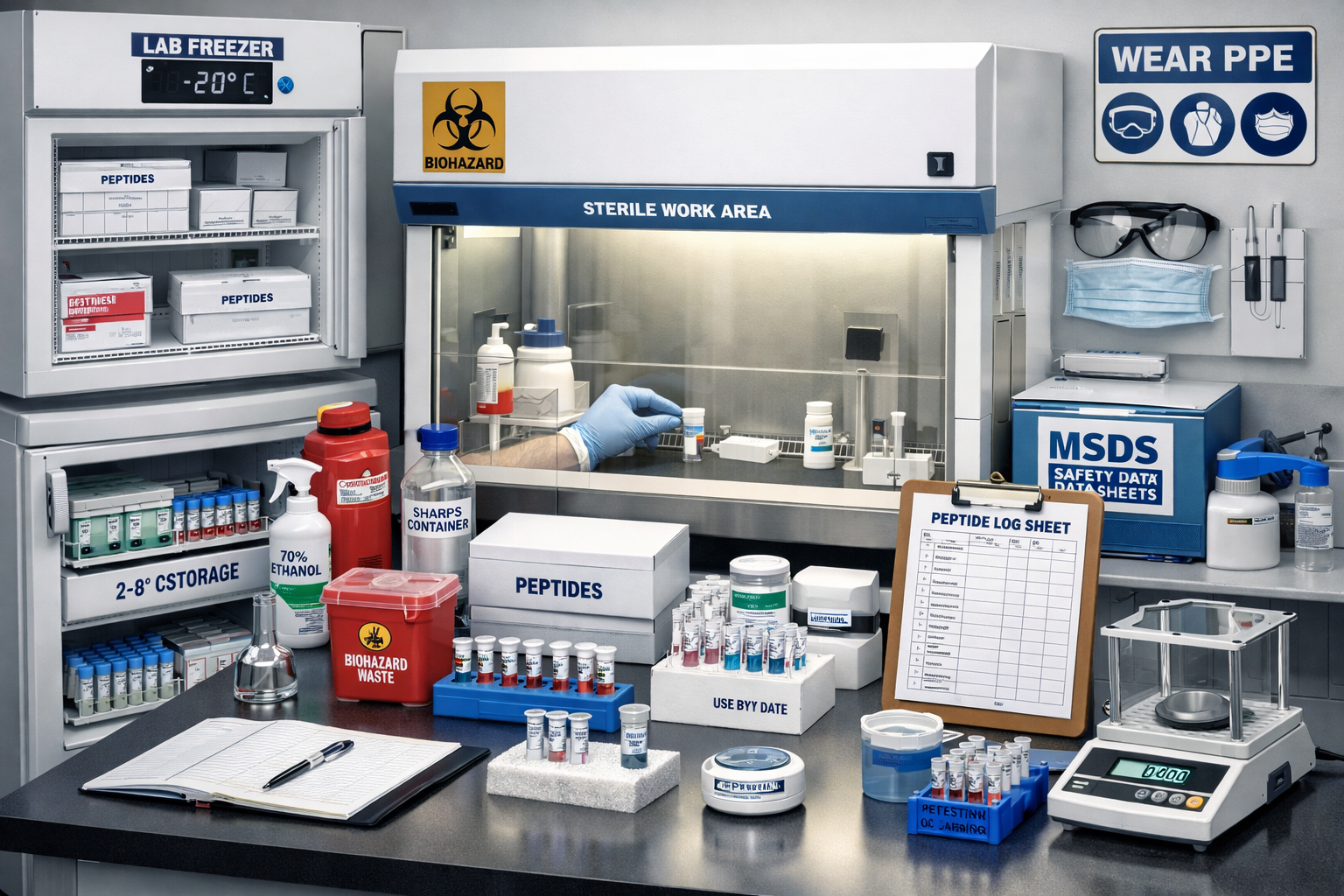 Research laboratory scene showing proper peptide storage, handling protocols, and safety equipment. Scientific workspace with refrigeration 
