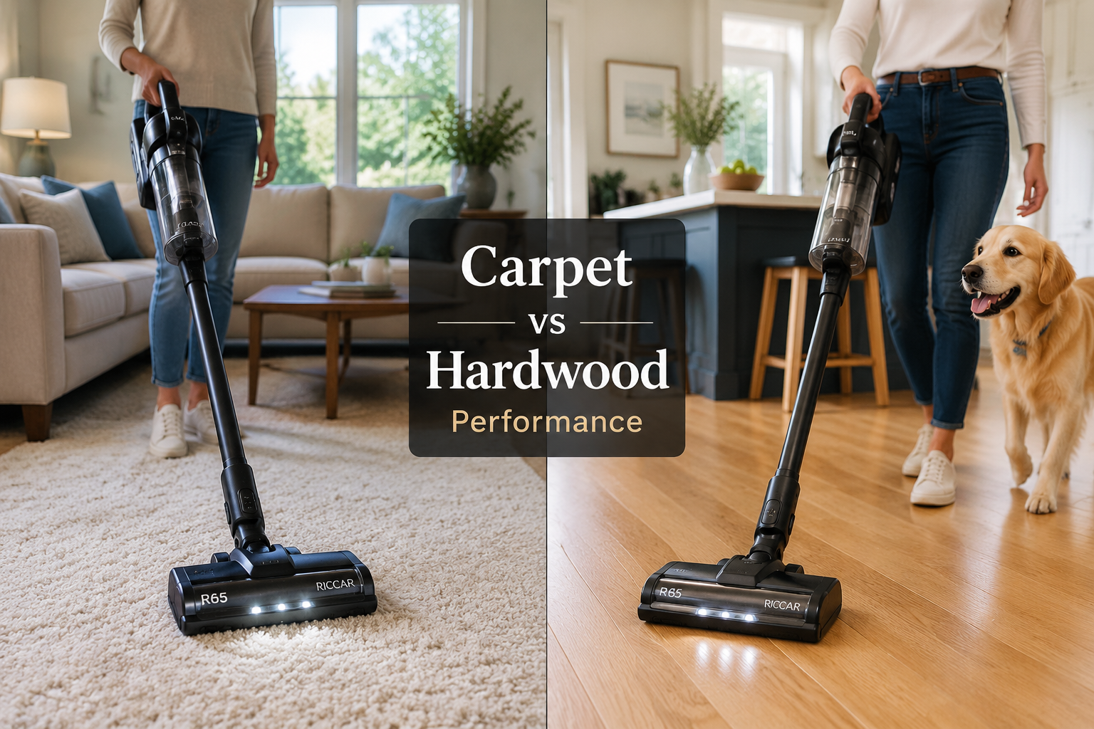 Detailed landscape format (1536x1024) showing a split-scene lifestyle image: left half features the Riccar R65 cordless stick vacuum being used on plush carpet by a person in casual home attire, right half shows the same vacuum gliding over light hardwood floors near a pet dog. Center dividing line with text overlay reading 'Carpet vs Hardwood Performance'. Bright, airy home interior, natural daylight, editorial lifestyle photography style. Is the Riccar R65 Good for Hardwood or Carpet