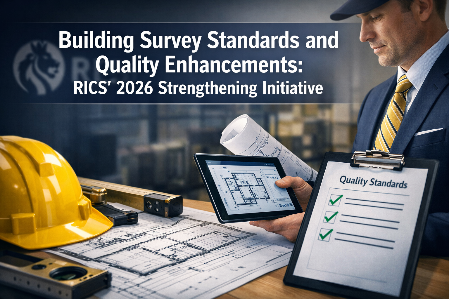 Professional landscape format (1536x1024) editorial hero image featuring bold text overlay 'Building Survey Standards and Quality Enhancemen
